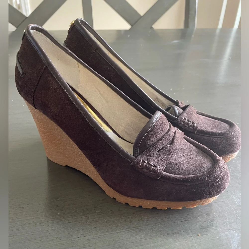 Michael Kors Brown Suede Leather Rory Loafer Wedge Shoes Women’s Size 8